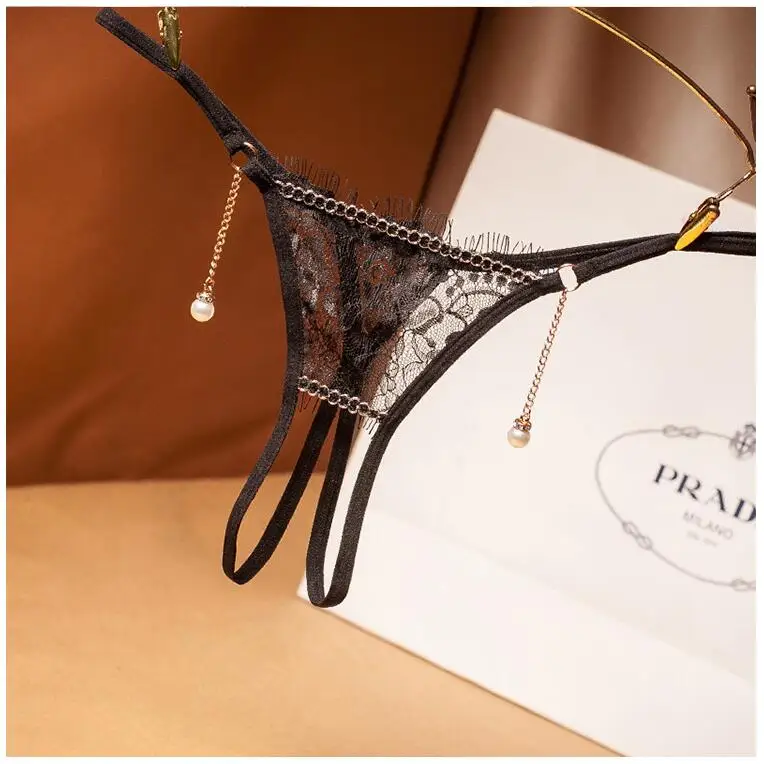 Flower Embroidery Net Yarn Open Crotch Sexy Panties For Women With Pearl Drop Pendant Thongs and G strings Underwear