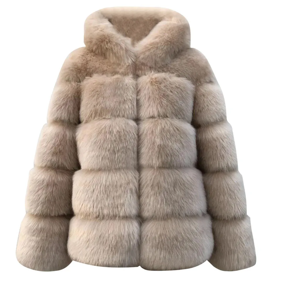 Женская зимняя куртка из искусственного меха с капюшоном, новая куртка из искусственного меха, теплая толстая верхняя одежда, куртка с длинным рукавом, плюшевое пальто, пальто, верхняя одежда - Цвет: Khaki