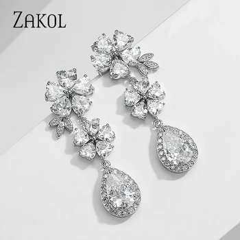 

ZAKOL New High Quality White Color CZ Zircon Flower Design Water Drops Dangle Earrings for Women Bride Jewelry Gift FSEP2634