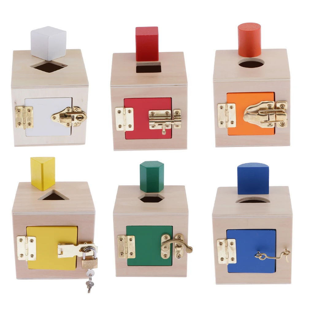 

Wooden Montessori Educational Toy, Colorful Lock Box (6 Kinds Locks Optional), Geometry Blocks Puzzles Game, Kids Preschool Toy