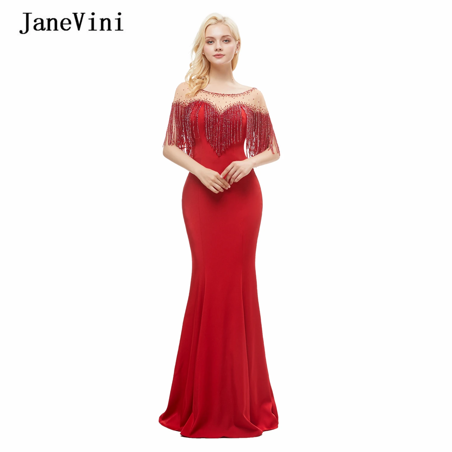 

JaneVini 2020 Luxury Red Mermaid Evening Dresses Scoop Neck Heavy Beaded Long Tassel Sleeveless Satin Arabic Sexy Evening Gowns