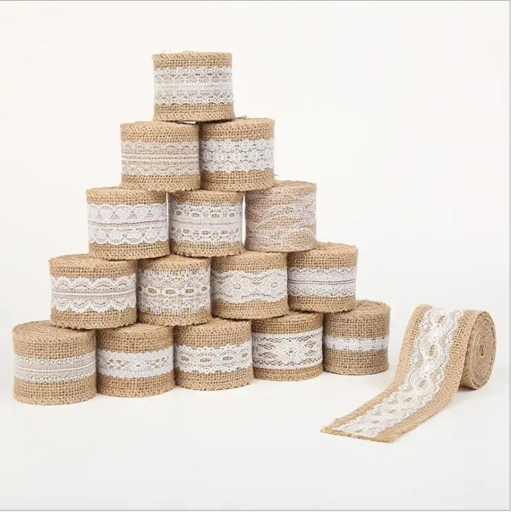 

2M 5CM Natural Jute Burlap Rolls Hessian Ribbon with Lace Vintage Rustic wedding Decor Ornament Burlap Party DIY craft Supplies