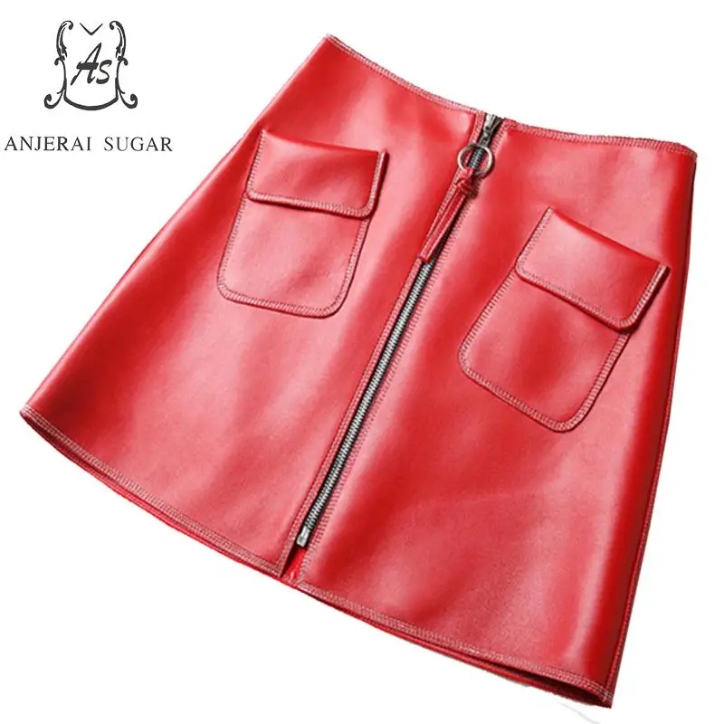Lente Herfst rok vrouwen echte schapenvacht leer zwart rood hoge taille rits pocket OL jupe femme korte micro mini rokken Lente Herfst rok vrouwen echte schapenvacht leer zwart rood hoge taille rits pocket OL jupe femme korte micro mini rokken