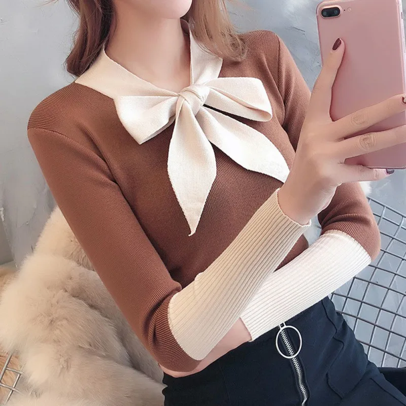 Sweet Sweater Women Autumn New Bow Decoration Casual Sweater V Neck Long Sleeve Stitching Design Knitted Pullover Sweater