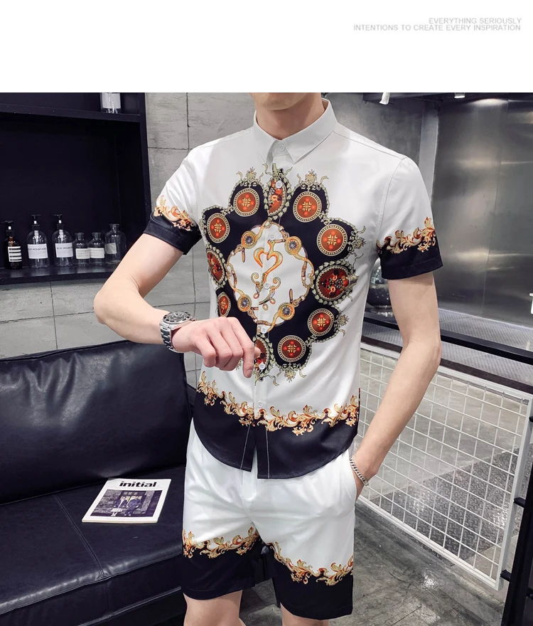 Модная повседневная мужская рубашка с коротким рукавом, комплект из двух предметов, рубашки+ шорты, мужская летняя спортивная одежда с принтом, Облегающая рубашка для соцклуба, костюм