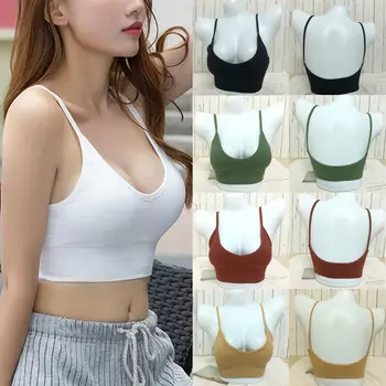 

New Women Soft Basic Plain V neck Spaghetti Strap Stretchy Pad Vest Backless Strappy Bralet Solid color Sport Cami Bra Crop Top
