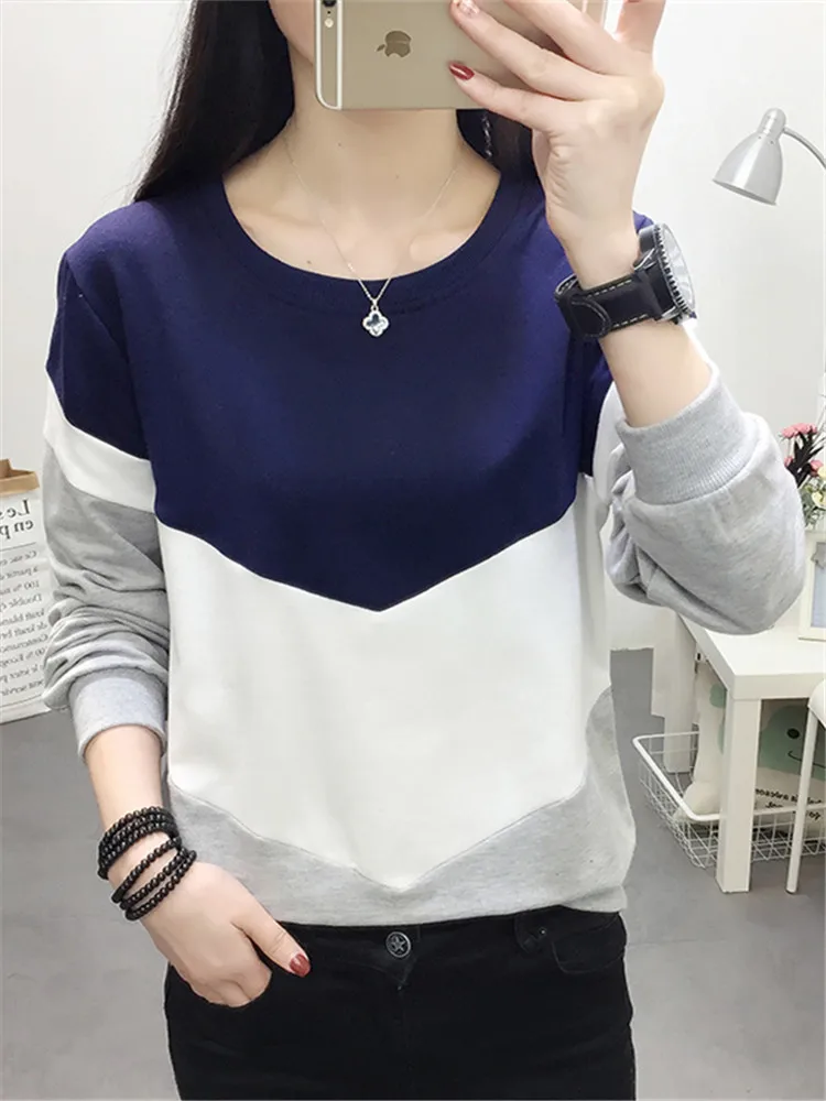Sudaderas mujer Мягкая Повседневная полосатая свободная спортивная одежда с круглым вырезом модный спортивный костюм осенний женский свитер джемпер с длинными рукавами - Цвет: Синий