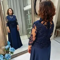 High Neck Elegant Navy Blue Mother of the Bride Dresses with 3/4 Sleeve A Line Chiffon Sexy Sheer Wedding Guest Dress Plus Size