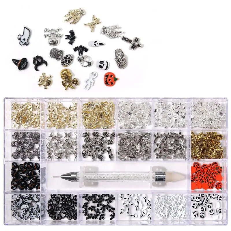 

200/400Pcs 3D Metal Christmas Nail Art Decorations 20 Girds+1 Pen Gold Silver Cute Cartoon Halloween Charms Manicure Accessories