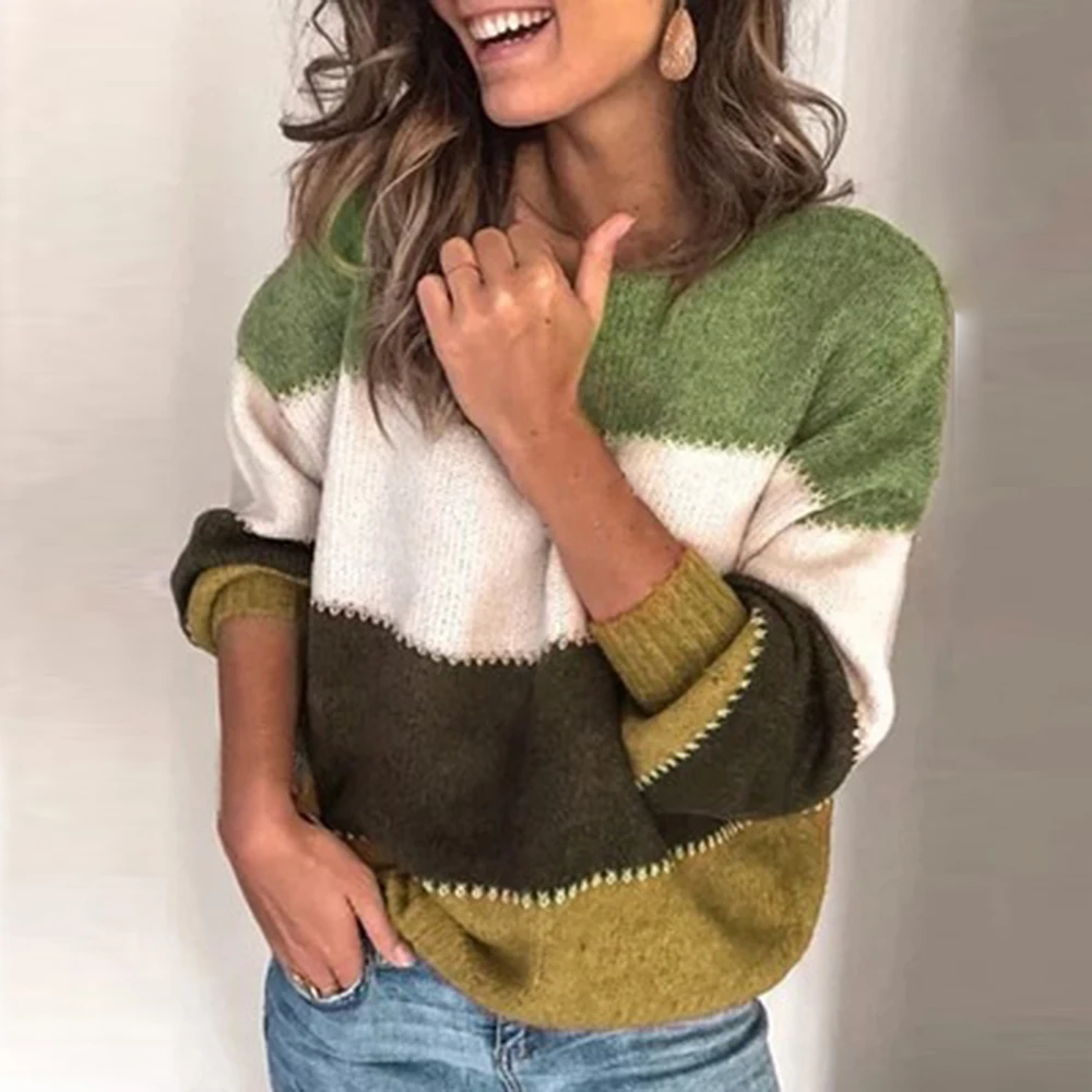 Adisputent 2020 New Spring Female Casual Patchwork Sweater Women O-neck Long Sleeve Knitted Pullover Female Loose Stripe Jumper