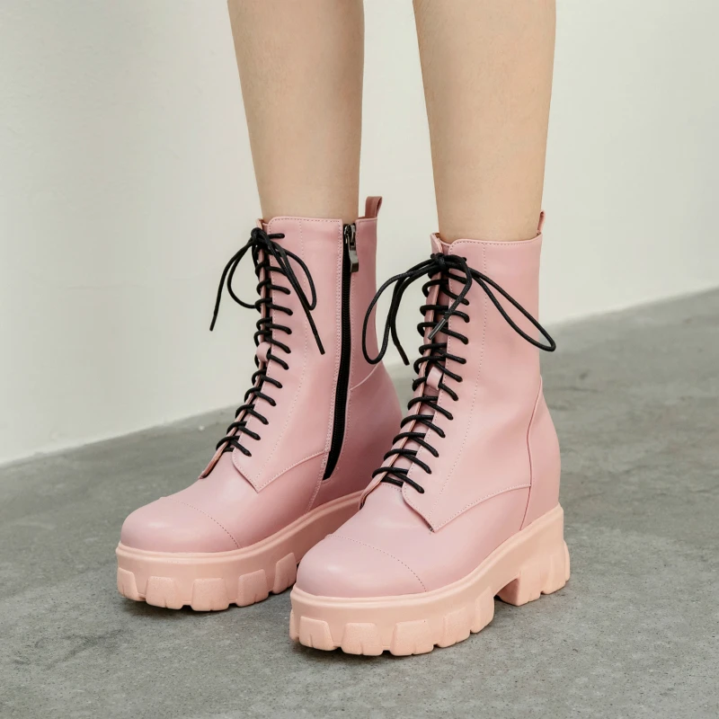 Botas de combate sexys para mujer, zapatos goma, botines de cuero rosa y negro, de plataforma con cordones, moda de invierno, 2020|Botas hasta el tobillo| - AliExpress