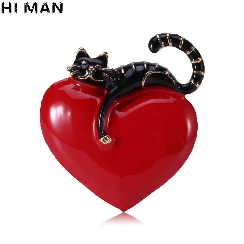 Эмалированная брошь HI MAN 2 цвета в виде сердца и кошки модные милые Мультяшные
