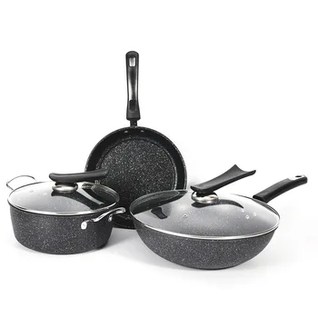 

Medical stone thicken soup rice stew pot frying pan set three piece non stick wok glass lid breakfast milk pot gift box