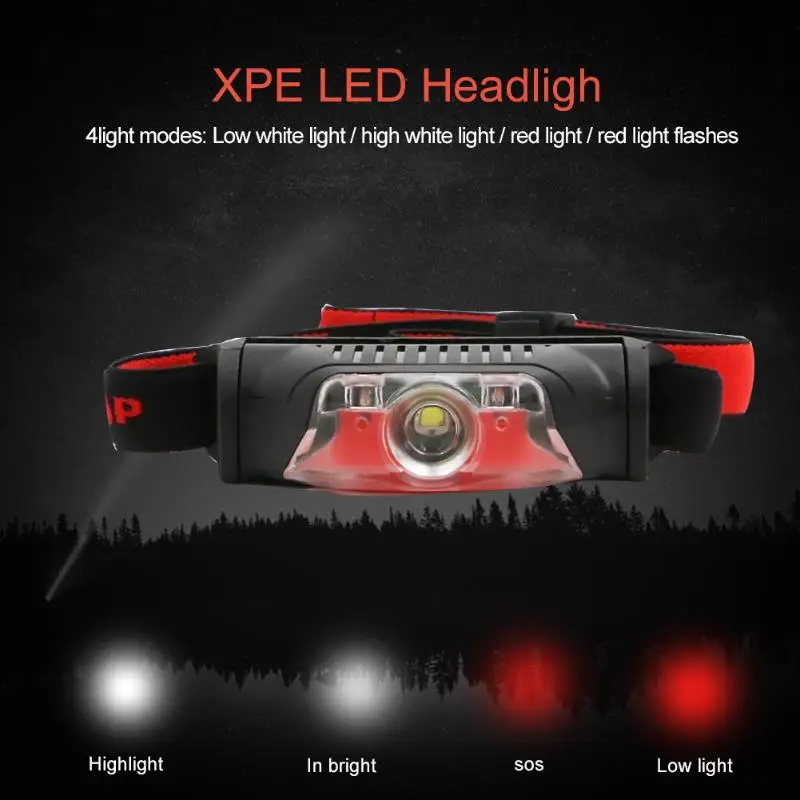 2 режима XPE красный светодиодный налобный фонарь Портативный на батарейках IP44