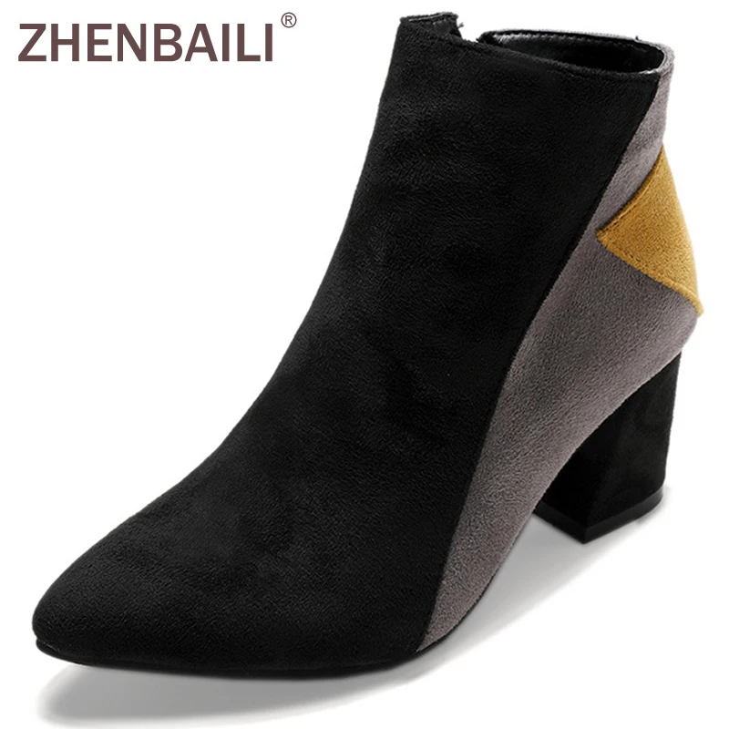 

ZHENBAILI Fashion Patchwork Faux Suede Ankle Boots Women Snow Boots 2019 Winter Pointed Toe High Heels Boots Casual Woman Shoes