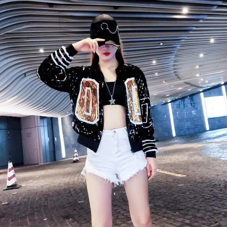 

New Spring Autumn Women Sequin Coat Bomber Jacket Long Sleeve Zipper Streetwear Tunic Loose Casual Basic Lady Outwear 2019