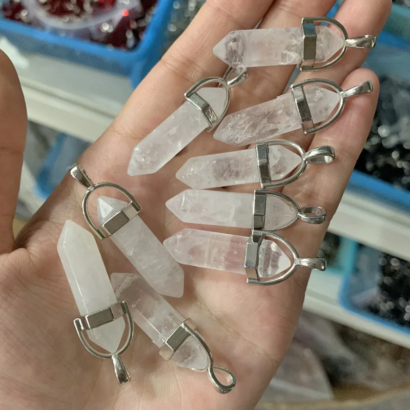 Natural Stone  Hexagonal Opal Tiger's Eye Amethysts Pink Quartz Crystal Chakra Reiki Healing Pendants Necklace Jewelry Making