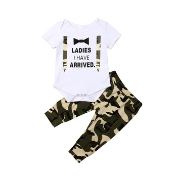 

2Pcs Boys Clothes Newborn Baby Short Sleeve Romper +Camo Pants Tracksuit Outfit Ladies I have Arrived