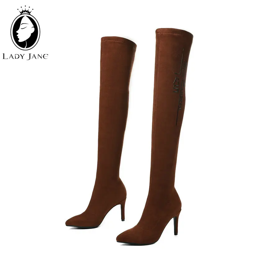 

Lady Jane 9CM Super High Heel Stretch Flock Winter Shoes Pointed Toe Stilettos Slip On Over The Knee High Boots Black Dress Shoe