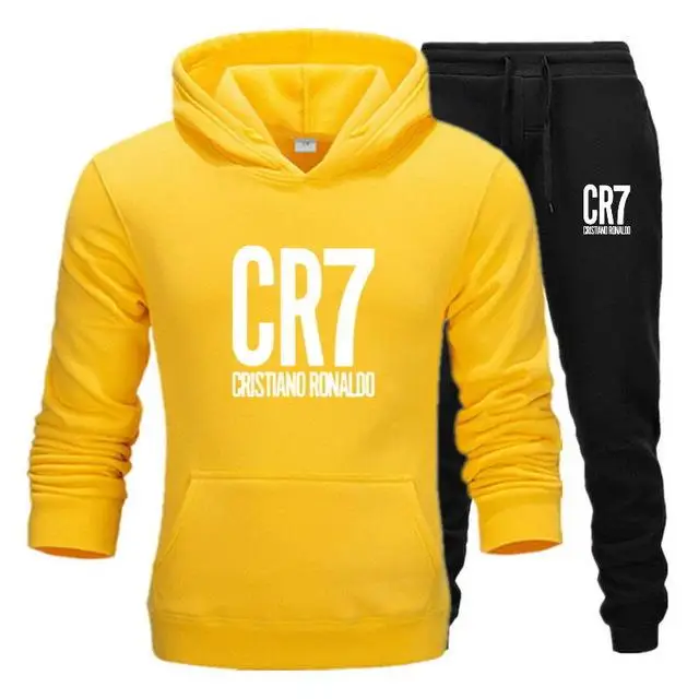 yellow and black-B Мужской спортивный костюм, зимний флисовый капюшон CR7, куртка с принтом+ штаны, толстовка, мужской комплект из 2 предметов, толстовки, спортивный костюм, пальто - Цвет: yellow and black-B