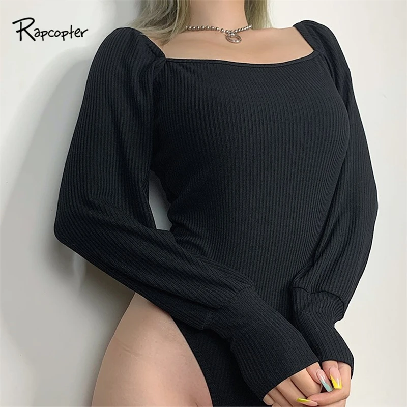 Rapcopter Black Solid Autumn Long Sleeve Women Bodysuit Casual Square Collar Knitted Bodycon Bodys Mujer Skinny Fashion Top