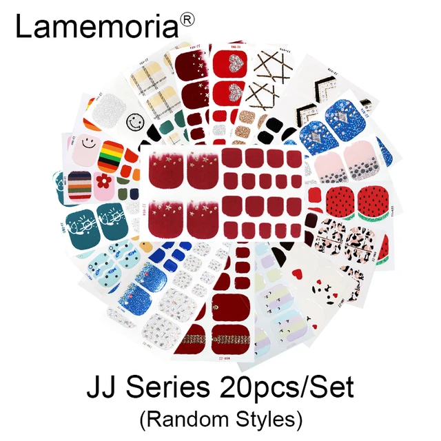 10/20pcs Full Cover Wraps Nail Polish Stickers Strips Plain Nail Art Decorations Stripe Designs Glitter Powder Manicure Tips JJ-20pcs random