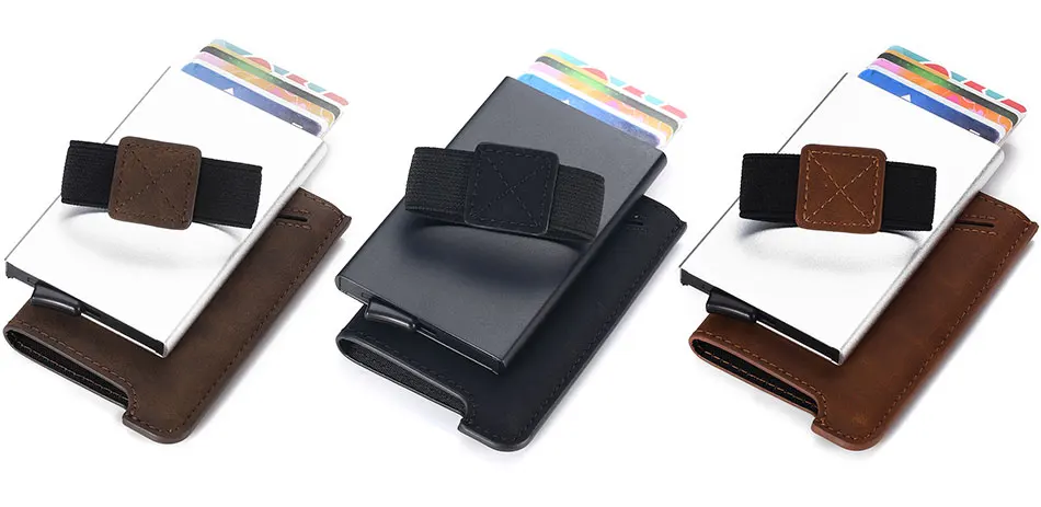 С функцией блокировки RFID кредитной держатель для карт Для мужчин минималистский Умный кошелек проходит металлический кожаный мужской тонкий банк алюминиевого карточного держателя карты Чехол