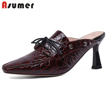 

ASUMER 2020 big size 34-43 Stone pattern women pumps square toe lace up summer mules shoes thin high heel party shoes ladies