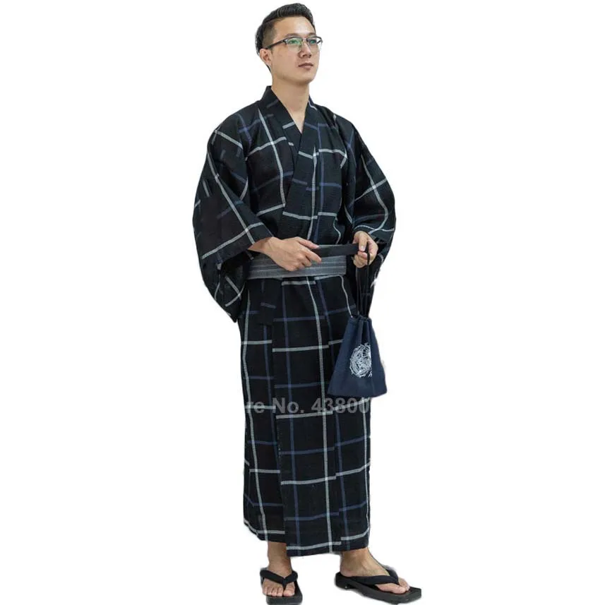 Men Asian Traditional Japanese Costumes New Year Kimono Jinbei Sleepwear Spa Sauna Thin Cotton Yukata Long Bath Robe Gown