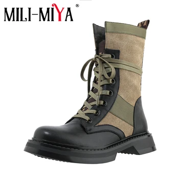 

MILI-MIYA Fashion Design New Arrival Women Cow Leather Ankle Boots Lace-Up Round Toe Square Heels Non-Slip Rubber Sole Handmade