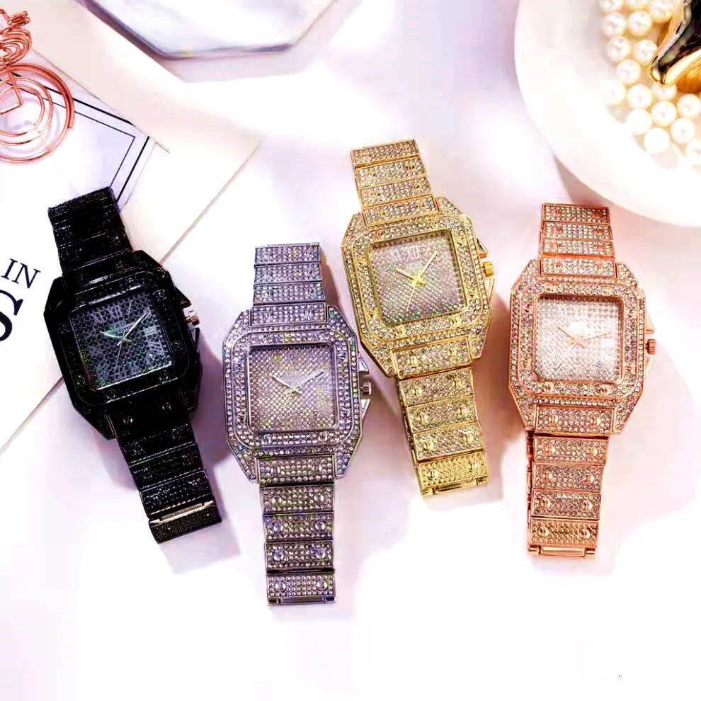 Watches for Men Women Luxury Hip Hop Iced Out Watch Gold Rhinestone Quartz Square Wristwatch Relogio Masculino Groomsmen Reloj