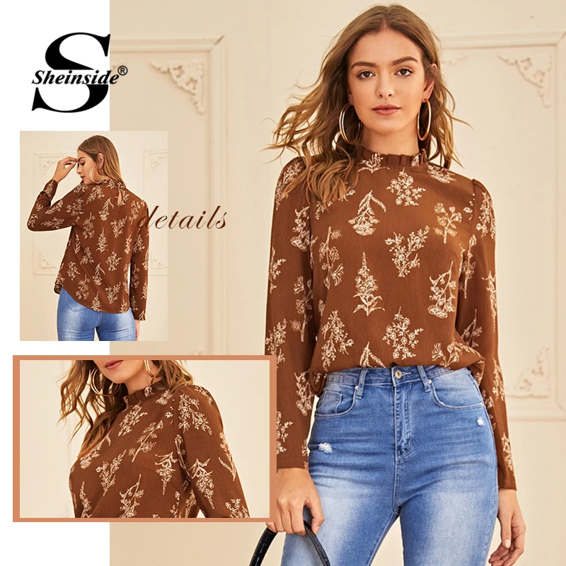 Sheinside, Повседневная шифоновая блузка с оборками на шее, для женщин, весна, Замочная скважина, сзади, с принтом, блузки для девушек, элегантный, с закругленным подолом, Топ
