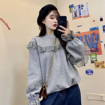 

Autumn Winter Warm Thick Hoodies Women Sweatshirts Ruffles Patchwork Lantern Sleeve Hoodies Loose Casual Female Pullover Tops