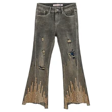 Осенне-весенние винтажные женские рваные нестандартные расклешенные джинсы со стразами, повседневные джинсовые брюки с бриллиантами по щиколотку