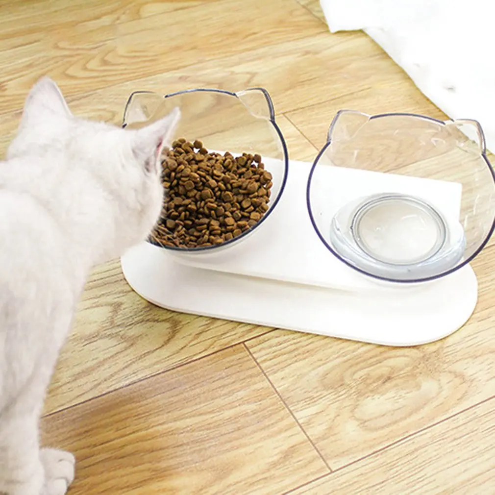 

HOT Cat Bowls With Stand Pet Feeder Double Food Diner Bowl Set Perfect For Cats Ultra Small Oblique Pet Bowl-Transparent