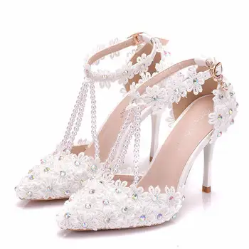 

Women Lace Flower Wedding High Heels Crystal Bridal Shoes Pearl Tassel Ankle Strap Pointed Toe Sexy Pumps White Valentine Shoes