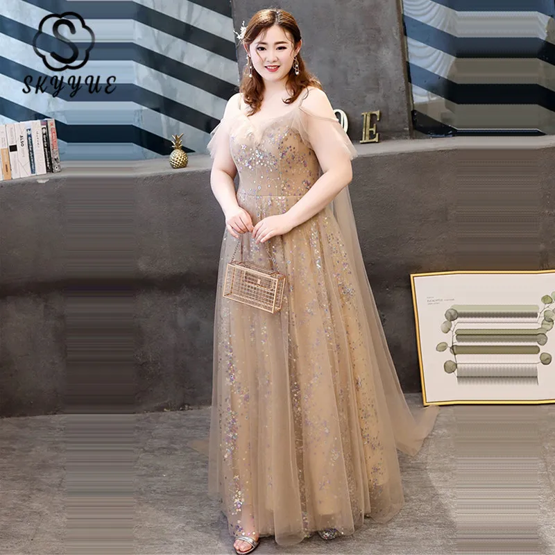 

Skyyue Deep V-neck Robe De Soiree Evening Gowns 2019 Plus Size Short Sleeve Sequined Evening Dress Women Party Dresses T100