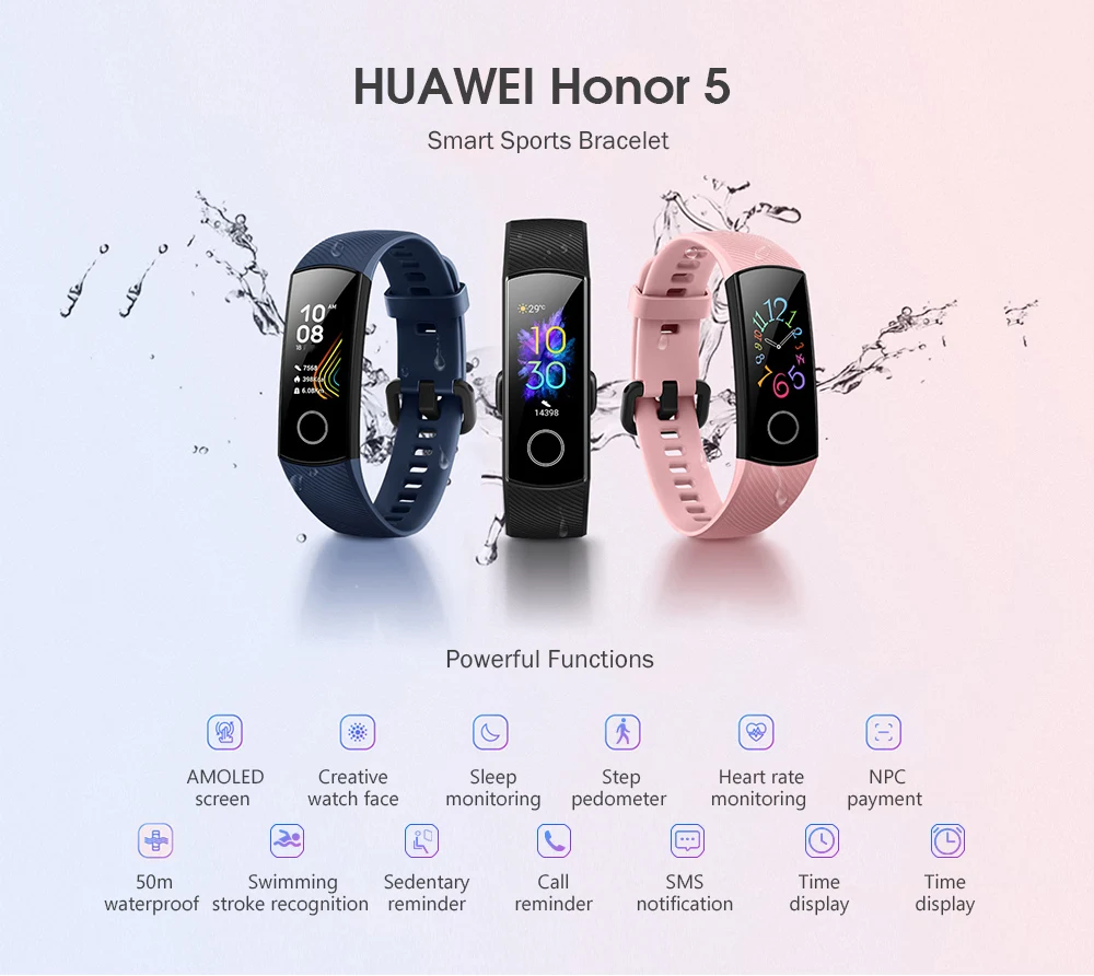 Глобальная версия HUAWEI Honor Band 5 Смарт-браслет AMOLED монитор сердечного ритма кислорода крови 5ATM водонепроницаемый смарт-браслет, шагомер