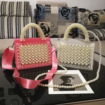 

2020 Women Acrylic Beaded Bag Transparent Hand Bag Shoulder Bag Luxury Pearl messenger bags