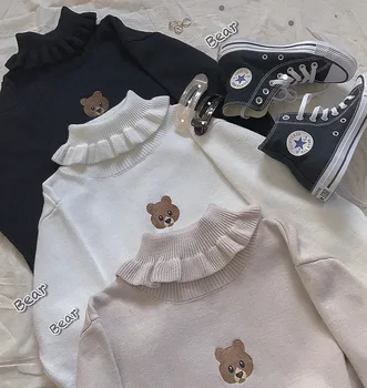 

Harajuku Cute Bear Girl Turtleneck Sweater Vintage High Neck Kawaii Female Knitted Pullover Women Ruffle Slim Jumper 3 Color