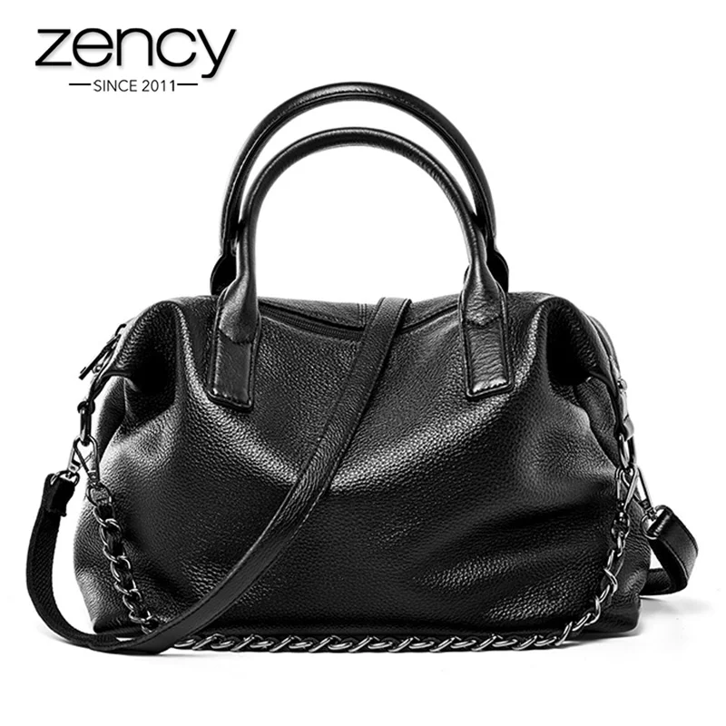 Zency 100% натуральная кожа повседневная женская сумка тоут классическая черная