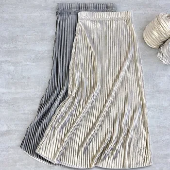 

Pleated Skirt for women Fashion Women High Waist Shiny A-Line Casual Solid Long Fit Skirts Spring Summer Skirt for girls 2020