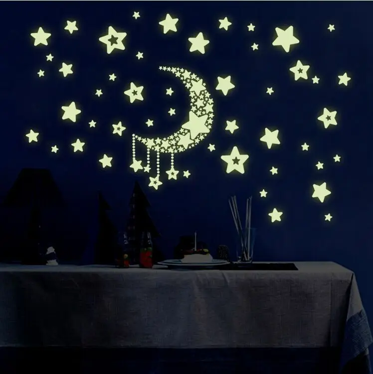 Moon Star Fluorescence Noctilucent Night Glow in Dark Luminous Vinyl Removable Nursery Kids Child Bedroom Wall Stickers Decal luminous wall stickers fluorescent stickers