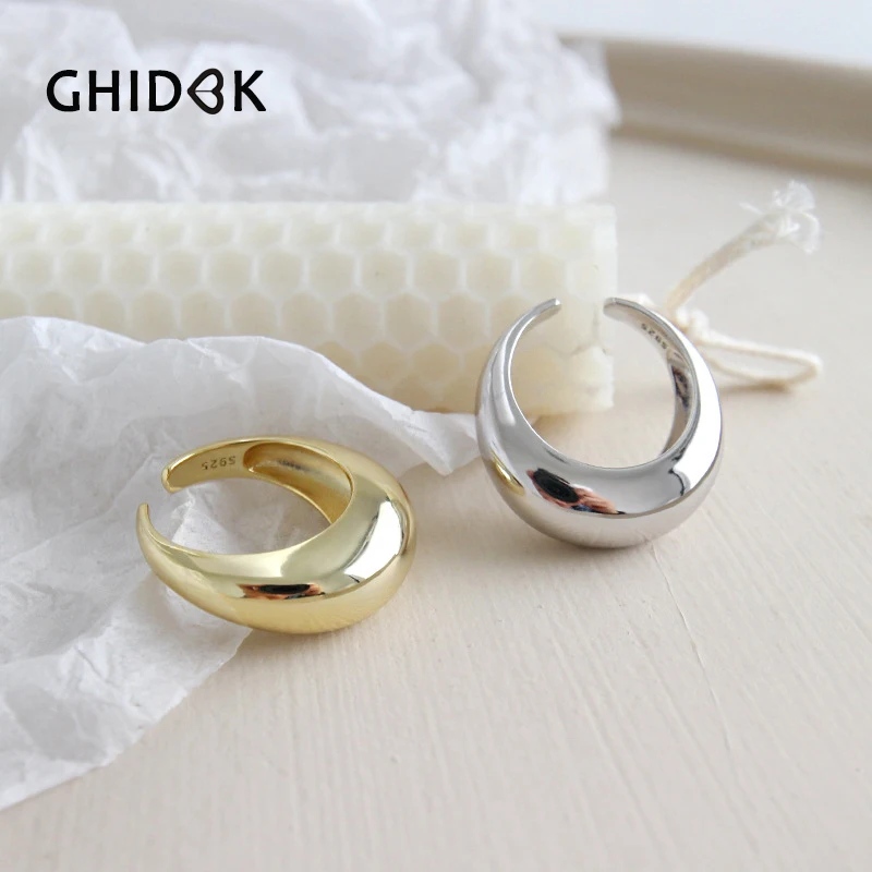 

GHIDBK 925 Sterling Silver Gold Thick Open Dome Rings Cool Minimalist Chunky Statement Dome Ring Classical Bold Bridesmaid Ring