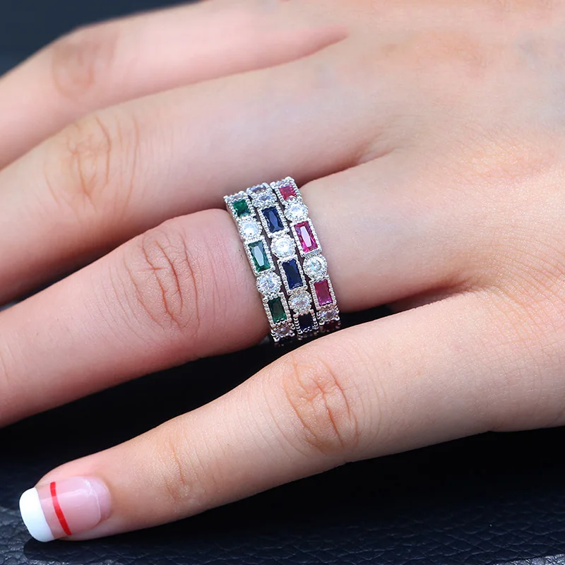 

USTAR Sparkly Cubic Zirconia Thin Stackable Rings for women Silver Finger Engagement Rings Female Anel fashion Jewelry gifts
