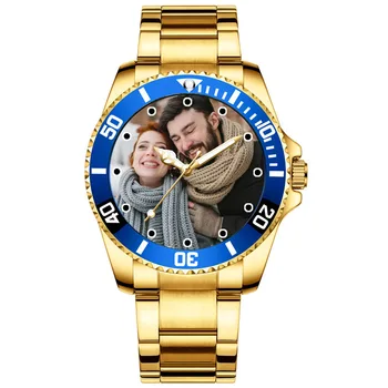 Reloj con foto personalizada para hombre, cronógrafo dorado de acero inoxidable con imagen impresa, logotipo, fotos personalizadas, reloj de pulsera con personalidad