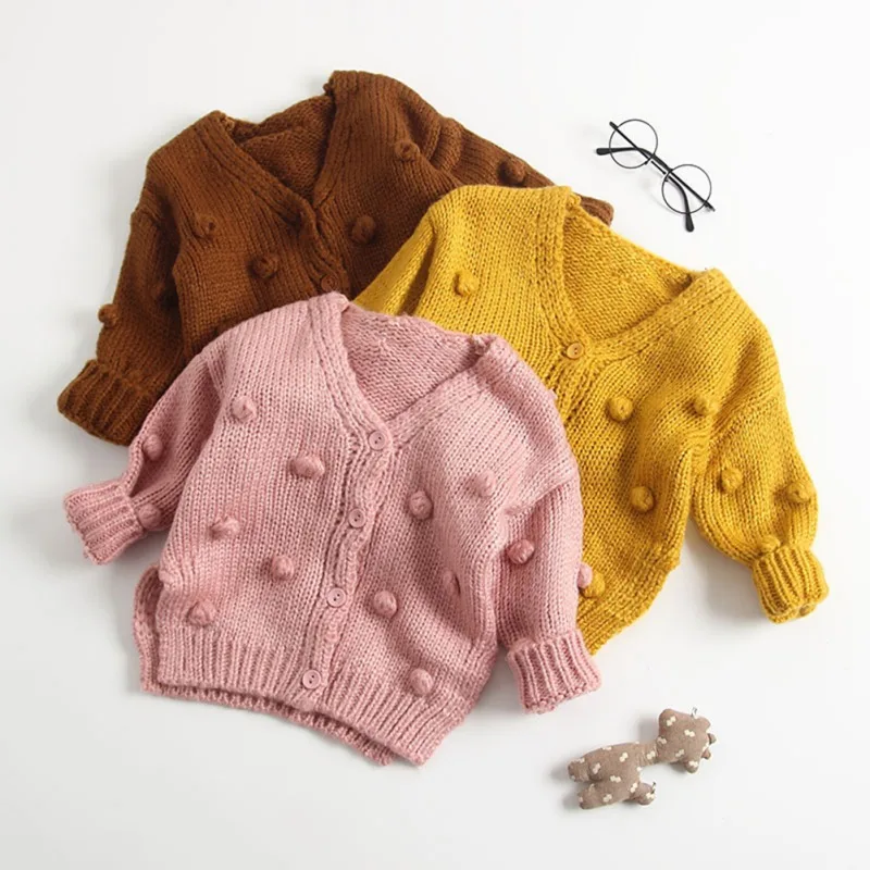 Свитер для маленьких девочек, зимний теплый детский пуховый свитер с помпонами, куртка-кардиган, кардиган, От 0 до 3 лет
