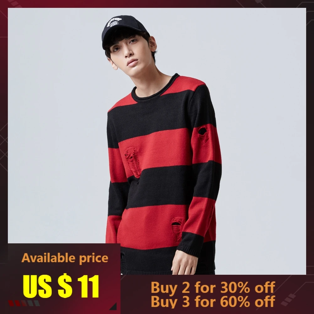

METERSBONWE New Winter Men Sweaters Long Sleeve Trendy Hole Striped Fashion Round Neck Sweater