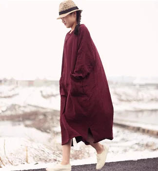 

Cotton Linen White Dress Women Spring Summer Loose Plus Size Big Hem Boho Robe lONG Dresses Three-Quarter Sleeve
