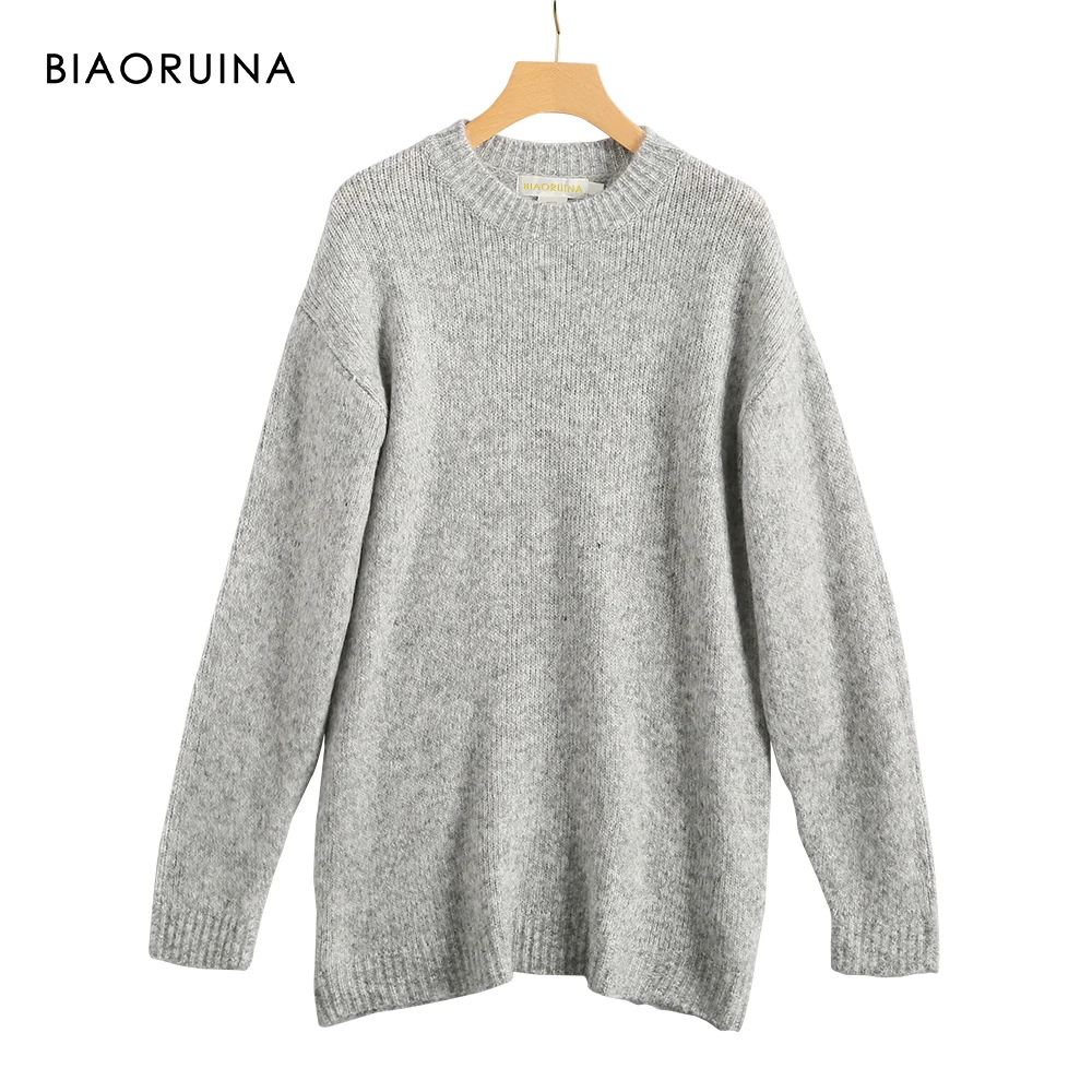 BIAORUINA Women's Grey Casual Loose Knitted Pullover Round Collar Female Basic Everyday Fashion All-match Sweater New Arrival |